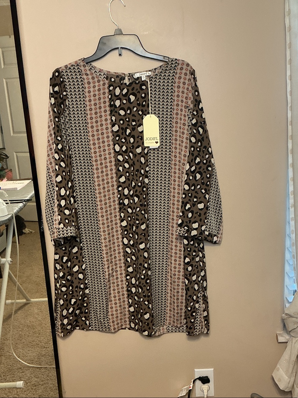 NWT JODIFL Brown & Cream Print Boutique Long Sleeve Shift Dress